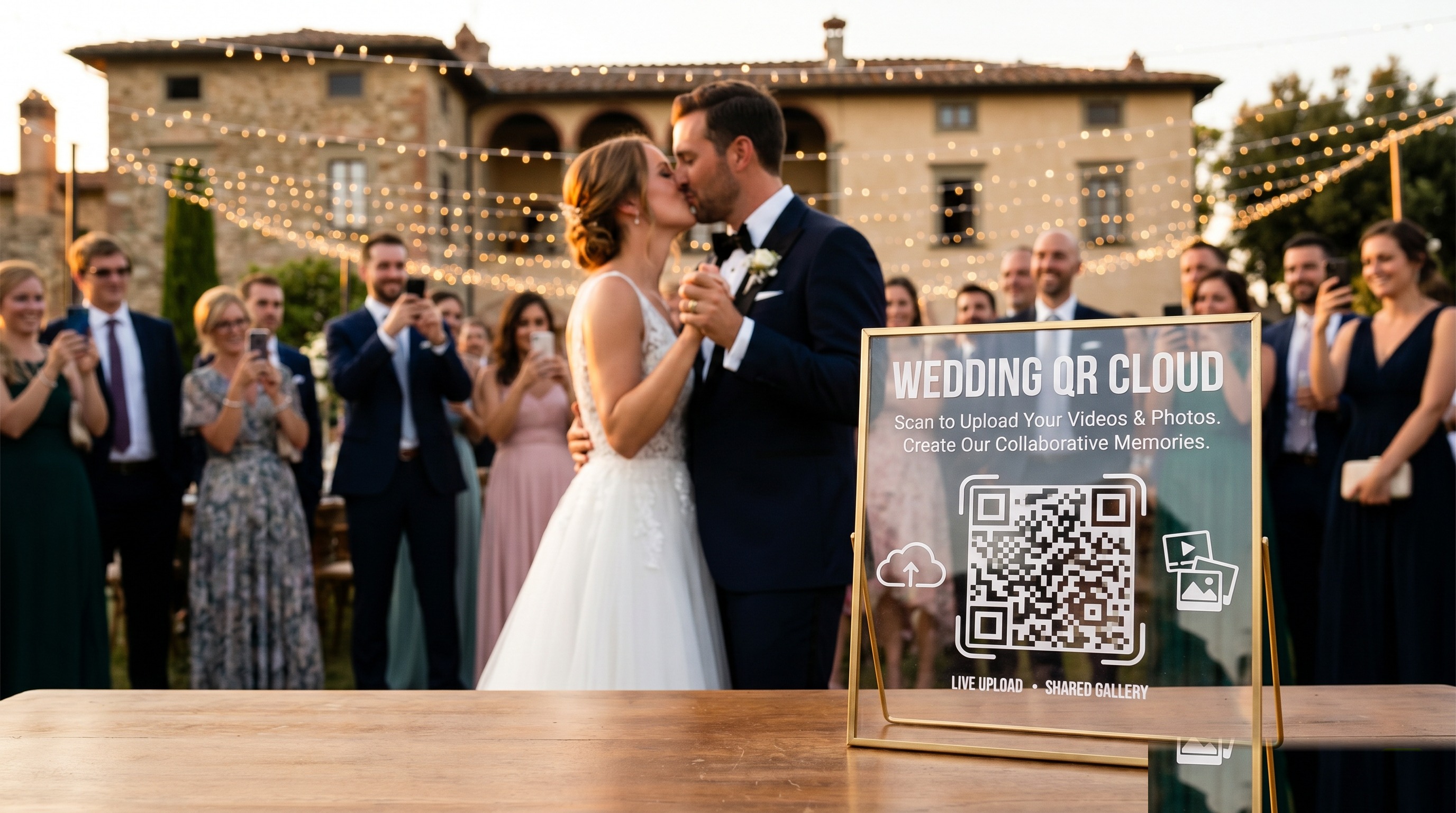 Gasten scannen QR-code op bruiloft