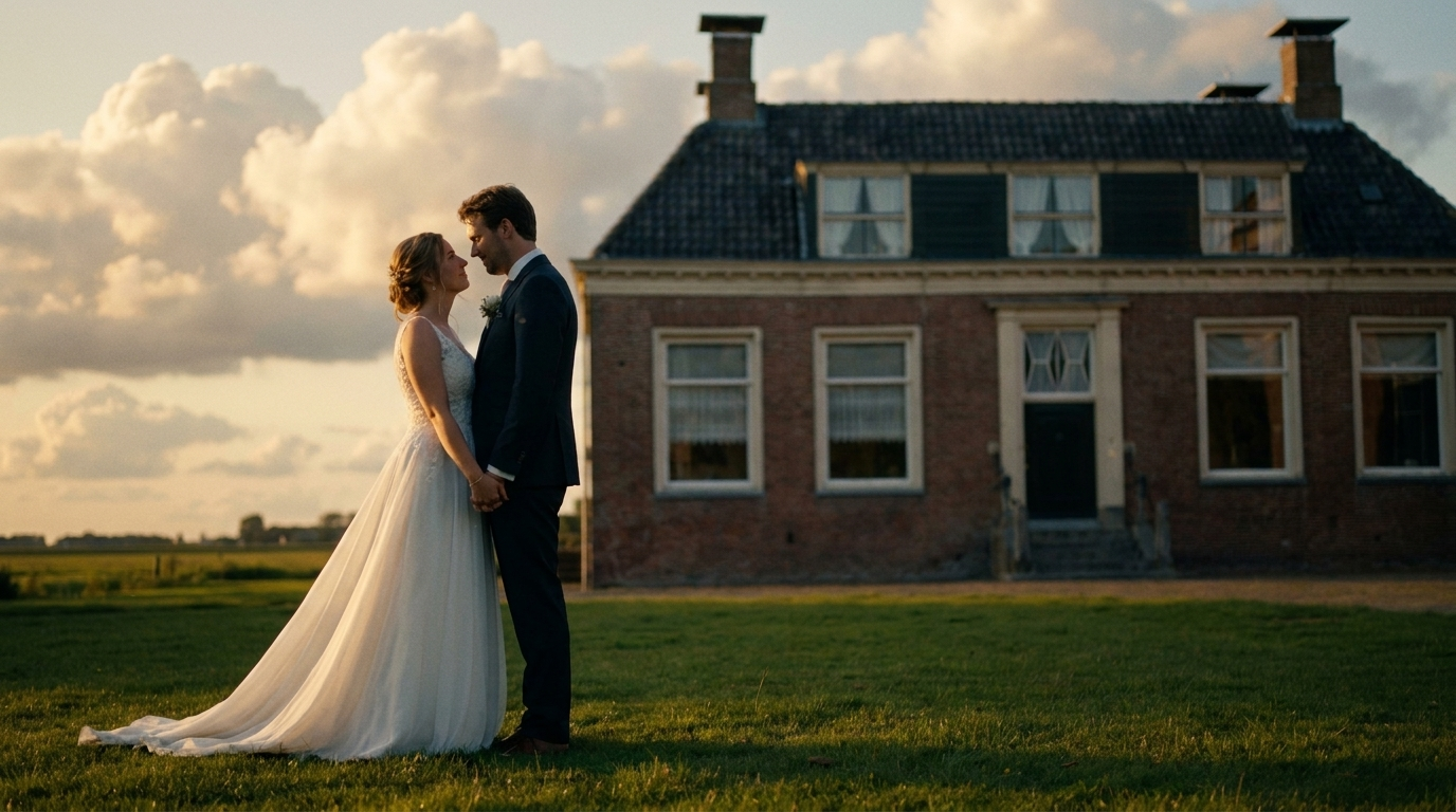 Trouwen in Assen — bruidspaar bij Drents Museum / Ontvangershuis