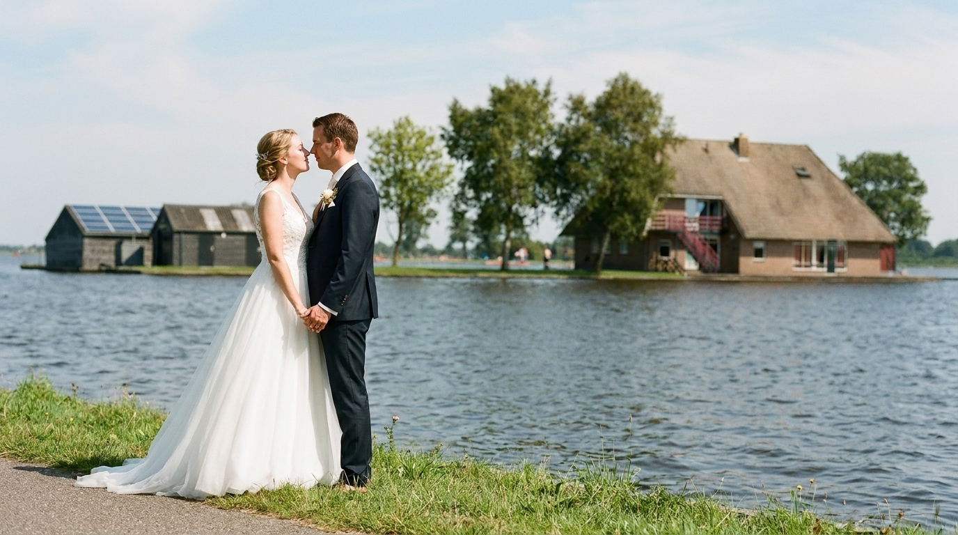 Trouwen in Giethoorn — bruidspaar bij Giethoorn Canals and Thatched-Roof Farmhouses