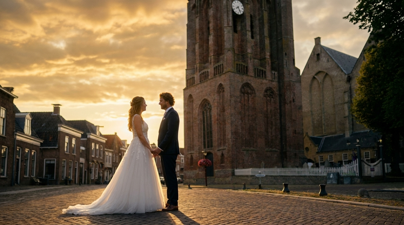 Trouwen in Hindeloopen — bruidspaar bij Sint-Gertrudiskerk