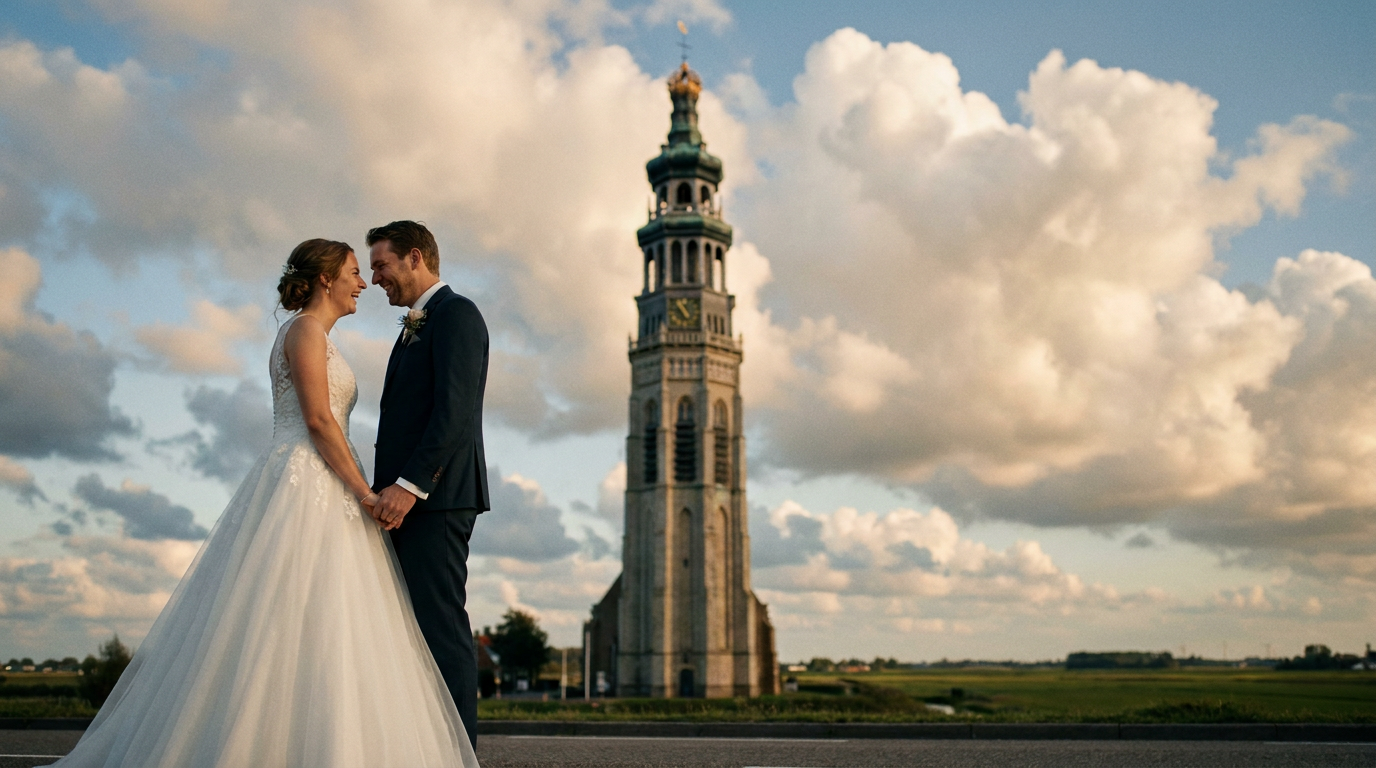 Trouwen in Middelburg — bruidspaar bij Middelburg Abbey (Abdij van Middelburg)