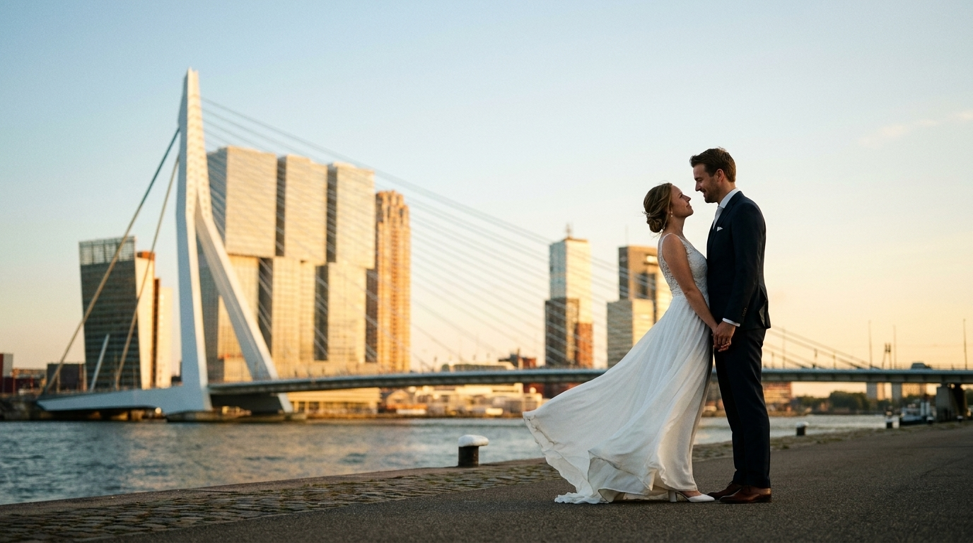 Trouwen in Rotterdam — bruidspaar bij Erasmusbrug