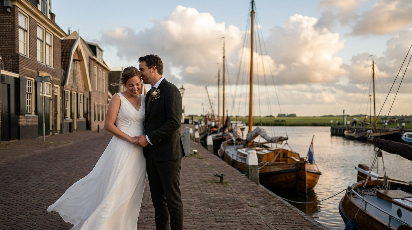 Trouwen in Spakenburg — bruidspaar bij Haven van Spakenburg