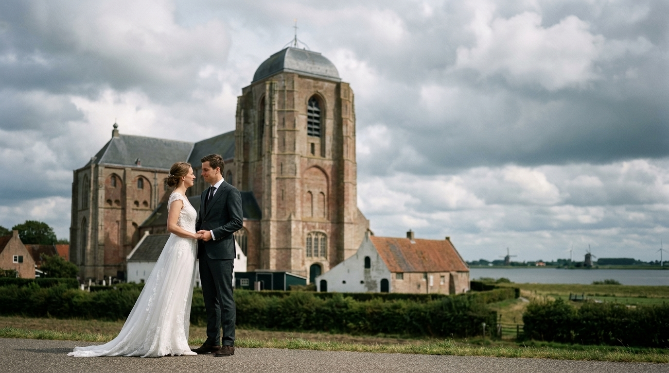Trouwen in Veere — bruidspaar bij Grote Kerk van Veere