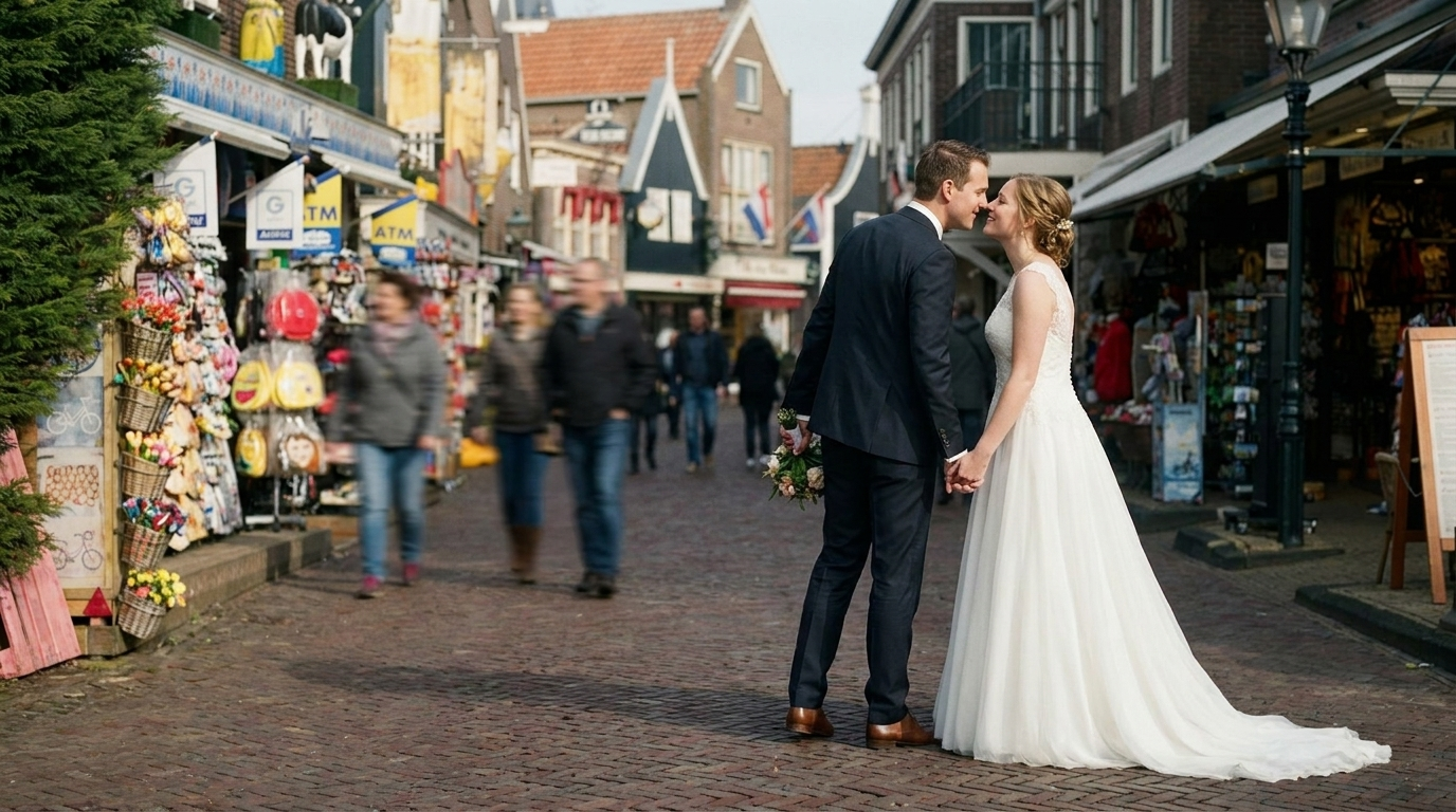 Trouwen in Volendam — bruidspaar bij Volendam Harbor