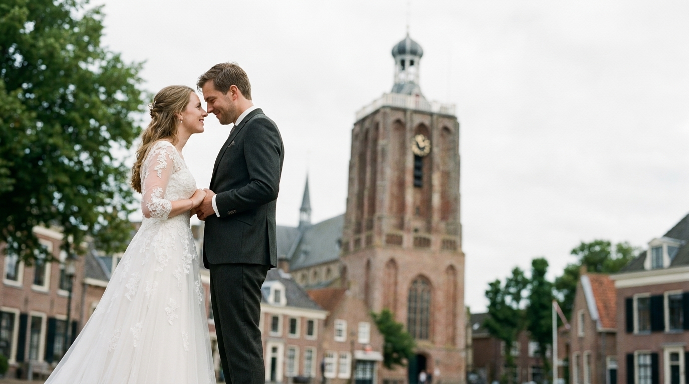 Trouwen in Workum — bruidspaar bij Grote Kerk (Sint Werenfriduskerk)